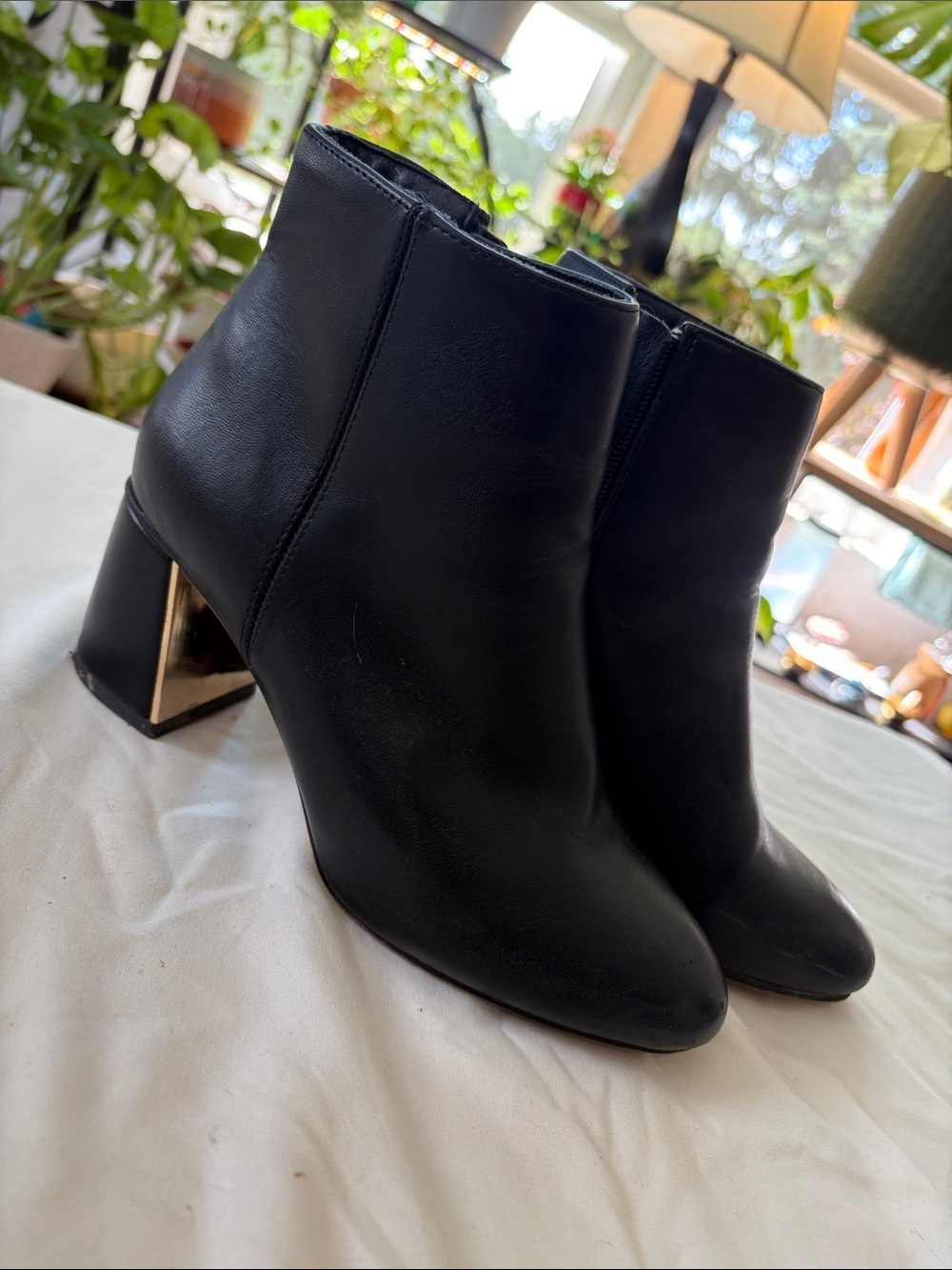 Women's Black Leather Ankle Boots with Gold Accent Heel size 7
